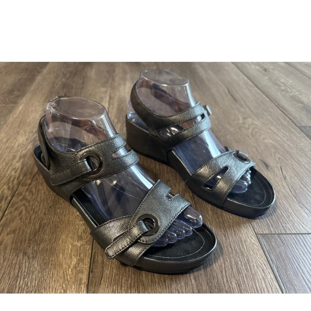 Abeo‎ Greta Comfort Wedge Leather Sandals Gray Silver Pewter Size 8